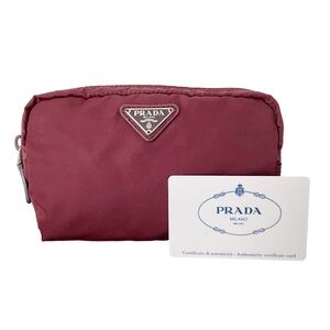 Prada burgundy nylon triangle logo medium cosmetic zip pouch